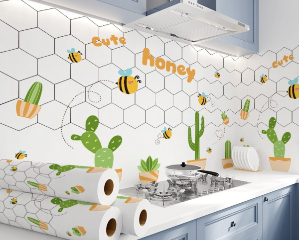Decal dán tường Giấy decal dán bếp xương rồng và ong vàng Decal dán tường Giấy decal dán bếp xương rồng và ong vàng