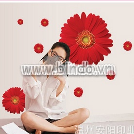 Decal dán tường Decal dán hoa cúc đồng tiền đỏ, có sẵn keo dán 2 mặt, dán phòng ngủ, TPHCM khổ lớn 1,1 x 0,5 (m) (dài x rộng)