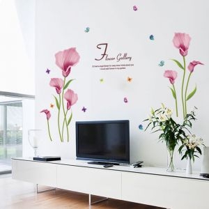 Decal dán tường Decal hoa tulip tím và bướm, có sẵn keo dán 2 mặt, trang trí phòng khách tại TPHCM