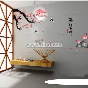 Decal dán tường Decal cành hoa đào và hoa sen phong cách cổ điển