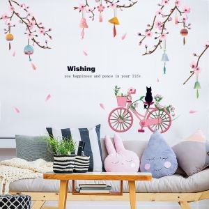 Decal dán tường Hoa đào và xe đạp