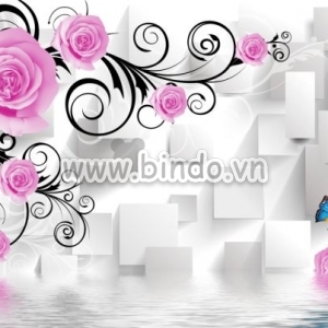 Decal dán tường Tranh Hoa hồng 3D và đôi bướm Decal dán tường Tranh Hoa hồng 3D và đôi bướm