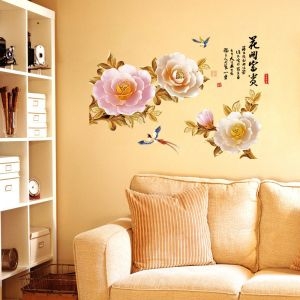 Decal dán tường Hoa sen hồng 3d và chim én decal dán tường, dán tường phòng khách, giá rẻ tại TPHCM