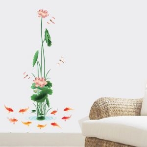 Decal dán tường Decal hoa sen 2 bông sen và lá kết hợp khổ dọc