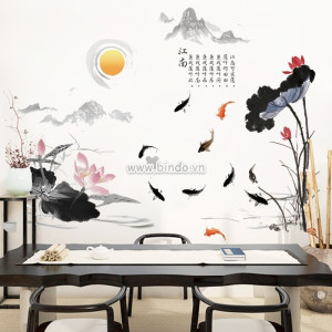 Decal dán tường Decal hoa sen và cá chép cửu ngư quần hội màu đen Decal dán tường Decal hoa sen và cá chép cửu ngư quần hội màu đen