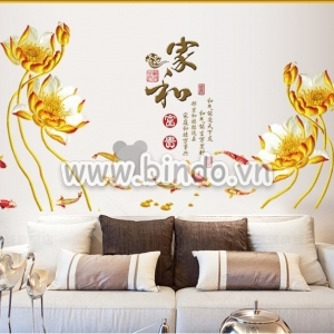 Decal dán tường Hoa sen vàng 2 decal dán, khổ lớn 1,3 x 0,8 (m) (dài x rộng), dán tường sau tivi, kiểu hàn quốc TPHCM