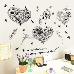 Decal dán tường Decal trái tim màu đen hoa văn trang trí quán, phòng đẹp