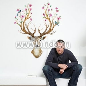 Decal dán tường Decal dán tường hươu hoa, có sẵn keo, dán quán cafe, TPHCM Decal dán tường Decal dán tường hươu hoa, có sẵn keo, dán quán cafe, TPHCM