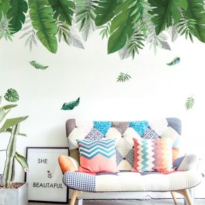 Decal dán tường Decal lá xanh nhiệt đới trang trí phòng khách quán đẹp