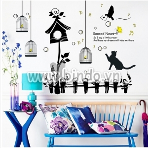 Decal dán tường Decal dán tường mèo chim ca hát, có sẵn keo, trang trí quán trà sữa, giá rẻ tại TPHCM Decal dán tường Decal dán tường mèo chim ca hát, có sẵn keo, trang trí quán trà sữa, giá rẻ tại TPHCM