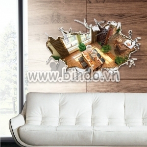 Decal dán tường Decal 3D nhìn từ trên cao vào phòng khách tạo chiều sâu
