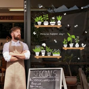 Decal dán tường Decal chậu cây xanh dán tường kính trang trí phòng, quán Decal dán tường Decal chậu cây xanh dán tường kính trang trí phòng, quán