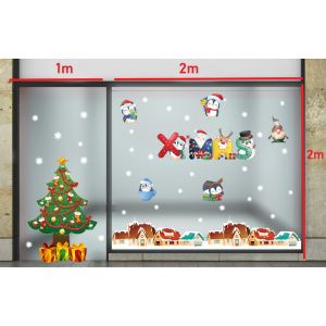 Decal dán tường Noel- cây thông to và những chú chim cánh cụt 