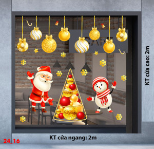 Decal dán tường Decal Noel -Ông già và người tuyết dây treo quả châu màu vàng Decal dán tường Decal Noel -Ông già và người tuyết dây treo quả châu màu vàng
