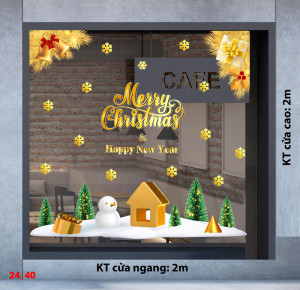 Decal dán tường Noel - Lá thông vàng và ngôi nhà giáng sinh