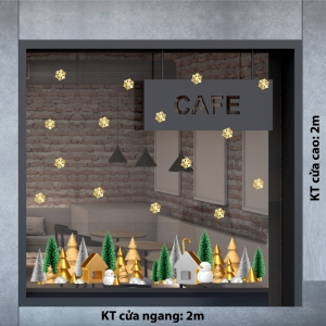 Decal dán tường Decal Noel-Làng thông và bông tuyết vàng Decal dán tường Decal Noel-Làng thông và bông tuyết vàng