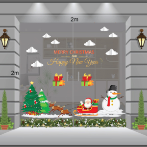 Decal dán tường Noel-Ông già cỡi tuần lộc, bạn tuyết và cây thông