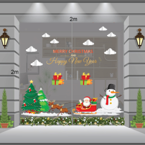 Decal dán tường Decal Noel-Ông già cỡi tuần lộc, bạn tuyết và cây thông Decal dán tường Decal Noel-Ông già cỡi tuần lộc, bạn tuyết và cây thông