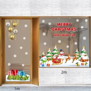 Decal dán tường Noel-Ông già cỡi tuần lộc, cây thông và nhà tuyết