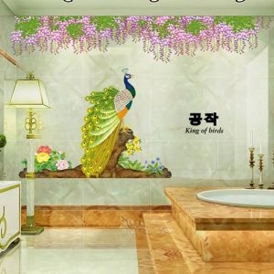 Decal dán tường Decal chim công trên cành cây đứng dưới giàn hoa tím