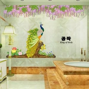 Decal dán tường Decal chim công trên cành cây đứng dưới giàn hoa tím Decal dán tường Decal chim công trên cành cây đứng dưới giàn hoa tím