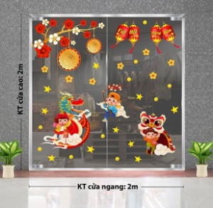 Decal dán tường Tết trung thu - Múa rồng dưới cành mai đỏ