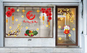 Decal dán tường Tết xuân - cành mai và mèo tài lộc Decal dán tường Tết xuân - cành mai và mèo tài lộc