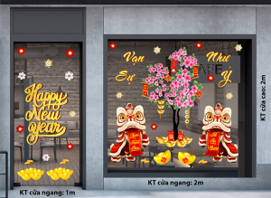 Decal dán tường Tết xuân - Đôi lân và hoa đào Decal dán tường Tết xuân - Đôi lân và hoa đào