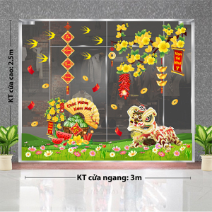 Decal dán tường Tết xuân - Múa lân bên dưa hấu Decal dán tường Tết xuân - Múa lân bên dưa hấu