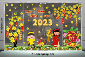 Decal dán tường Tết xuân- bé cầm hoa mai vàng Decal dán tường Tết xuân- bé cầm hoa mai vàng