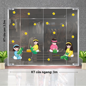 Decal dán tường Tết xuân- Các cô gái gói bánh Decal dán tường Tết xuân- Các cô gái gói bánh