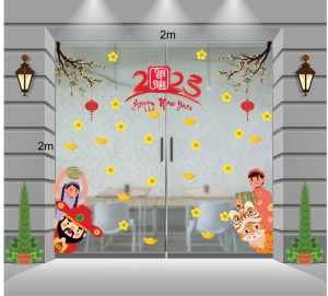 Decal dán tường Tết xuân- múa lân bên hoa mai vàng Decal dán tường Tết xuân- múa lân bên hoa mai vàng