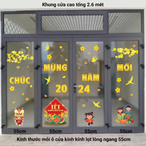 Decal dán tường Tết xuân- Tết 2024 cửa 4 cánh múa lân