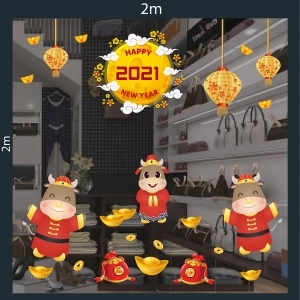 Decal dán tường Tết xuân 2021-Gia đình trâu vàng Happy New Year