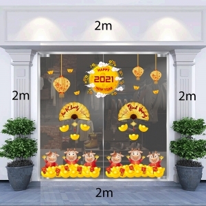 Decal dán tường Tết xuân 2021-Gia đình trâu vàng vui xuân 2021 Decal dán tường Tết xuân 2021-Gia đình trâu vàng vui xuân 2021