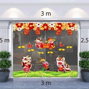 Decal dán tường Tết xuân 2021-Thần tài, trâu vàng xem múa lân Decal dán tường Tết xuân 2021-Thần tài, trâu vàng xem múa lân