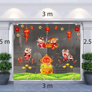 Decal dán tường Tết xuân 2021-Trâu vàng, thần tài xem múa lân dưới đèn lồng xuân Decal dán tường Tết xuân 2021-Trâu vàng, thần tài xem múa lân dưới đèn lồng xuân