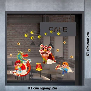 Decal dán tường Tết xuân-Bé mua lân rồng Decal dán tường Tết xuân-Bé mua lân rồng