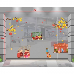 Decal dán tường Tết xuân-Gia đình sum vầy chúc tết xuân dưới mai vàng Decal dán tường Tết xuân-Gia đình sum vầy chúc tết xuân dưới mai vàng