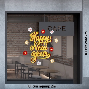 Decal dán tường Tết xuân-HAPPY NEW YEAR và Hoa mai