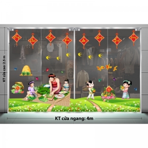 Decal dán tường Decal tết mâm ngũ quả bên em bé cùng mẹ gói bánh chưng Decal dán tường Decal tết mâm ngũ quả bên em bé cùng mẹ gói bánh chưng