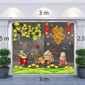 Decal dán tường Tết xuân-Múa lân dưới pháo nổ và mai vàng Decal dán tường Tết xuân-Múa lân dưới pháo nổ và mai vàng