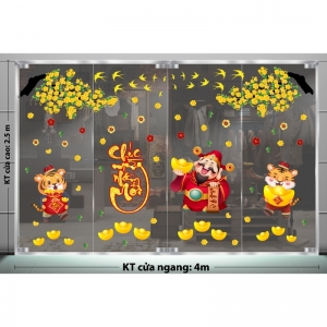 Decal dán tường Tết xuân-Thần tài chúc cọp vàng dưới mai vàng Decal dán tường Tết xuân-Thần tài chúc cọp vàng dưới mai vàng