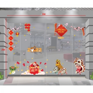Decal dán tường Tết xuân-Thần tài chúc mừng năm mới cùng lân sư rồng Decal dán tường Tết xuân-Thần tài chúc mừng năm mới cùng lân sư rồng