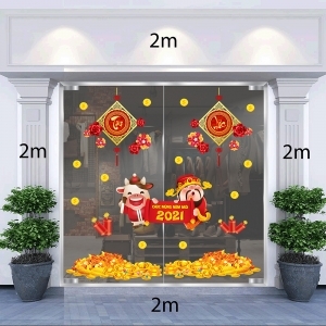 Decal dán tường Tết xuân-Thần tài Trâu vàng đón tài lộc xuân