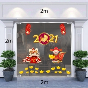 Decal dán tường Tết xuân-Thần tài Trâu vàng đốt pháo đón xuân