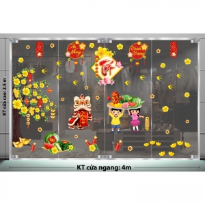 Decal dán tường Tết xuân-Trai gái bưng mâm trái cây đón xuân cùng mai vàng Decal dán tường Tết xuân-Trai gái bưng mâm trái cây đón xuân cùng mai vàng