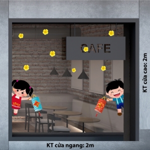 Decal dán tường Tết xuân-Trai gái cầm đèn xuân Decal dán tường Tết xuân-Trai gái cầm đèn xuân