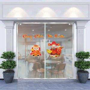 Decal dán tường Trang trí tết Thần Tài và chuột vàng đón xuân