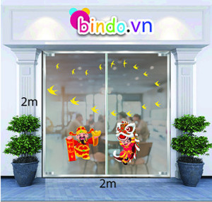 Decal dán tường Trang trí tết Thần Tài và Lân sứ đón xuân